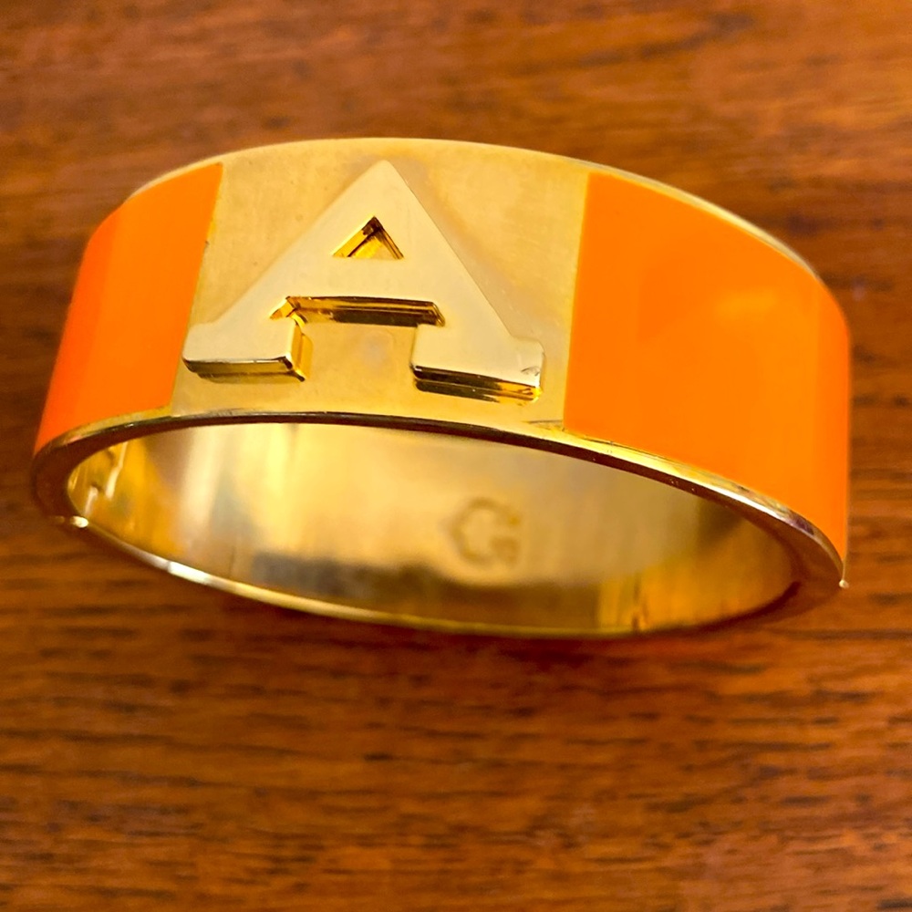Vintage C. Wonder Gold Tone and Orange Enamel Hinged Cuff Bracelet